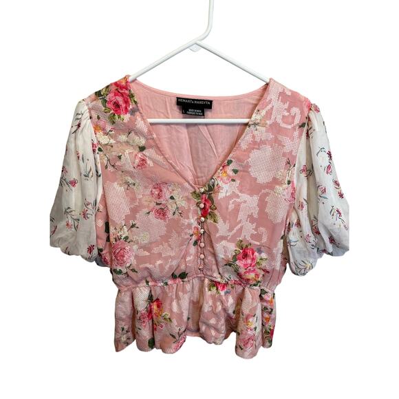 Hemant & Nandita Anthropolgoie Floral Pink Rose Garden Puff Sleeve Blouse L - Picture 1 of 10